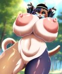  anthro areola big_areola big_breasts blue_body blue_fur breasts brown_body brown_fur clothed clothing domestic_cat epic_games felid feline felis female fortnite fur genitals haiyan hands_behind_head headgear hi_res huge_areola huge_breasts mammal meow_skulls_(fortnite) multicolored_body multicolored_fur navel nipples open_mouth partially_clothed pussy solo standing tail white_body white_fur wide_hips yellow_eyes 