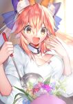  1girl absurdres animal_ear_fluff animal_ears bangs blue_bow bow breasts cleavage collarbone detached_collar fate/extra fate/grand_order fate_(series) fox_ears fox_girl fox_tail hair_between_eyes hair_bow highres ladle large_breasts long_hair long_sleeves mogullaz open_mouth pink_hair shirt sidelocks smile solo tail tamamo_(fate) tamamo_no_mae_(fate/extra) twintails white_shirt yellow_eyes 