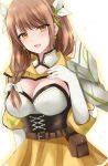  1girl :d armor braid breasts brown_hair cleavage commentary corset fire_emblem fire_emblem_engage gloves goldmary_(fire_emblem) hair_ribbon highres kirishima_riona large_breasts long_hair looking_at_viewer open_mouth pouch ribbon shoulder_armor simple_background single_braid skirt smile solo upper_body white_background white_gloves white_ribbon yellow_eyes yellow_skirt 