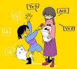  1girl 1other annoying_dog bangs black_hair blue_shorts braid brown_hair closed_eyes dog frisk_(undertale) highres holding holding_microphone interview long_hair madotsuki microphone open_mouth pink_sweater purple_skirt shirt short_hair shorts skirt smile striped striped_shirt sweater tamanoha_(cookware) twin_braids undertale yellow_background yume_nikki 