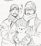  2boys alternate_costume bara baseball_cap beanie billy_russell_(dickfish) blush couple dickfish_(fishismdick) ear_blush facial_hair frown glasses gloves hands_up happy_aura hat heart highres holding_snowman john_rottweil_(dickfish) male_focus mature_male multiple_boys mustache original scan scarf short_hair sideburns sketch snowman thick_eyebrows traditional_media translation_request upper_body winter_clothes yaoi zipper 