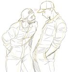  2boys backwards_hat bara baseball_cap beard character_request collared_shirt dickfish_(fishismdick) eye_contact facial_hair feet_out_of_frame flirting hands_in_pockets hat heart highres leaning_forward looking_at_another male_focus mature_male multiple_boys original scan shirt short_hair sideburns sketch smirk spot_color standing traditional_media yaoi 