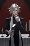  1boy ahoge bible_(object) brown_hair candle candlestand cassock egggg233333 henri_lambert highres long_sleeves looking_at_viewer male_focus monocle piofiore_no_bansho purple_eyes red_background rosary short_hair solo table 