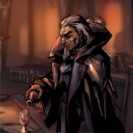  1boy alcohol bangs bottle brown_coat closed_eyes closed_mouth coat cup drinking_glass from_side glass grey_hair highres holding holding_bottle league_of_legends long_hair long_sleeves male_focus old old_man phantom_ix_row profile solo swain_(league_of_legends) wine_bottle wine_glass 