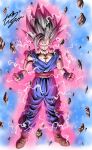  1boy angry aura biceps black_wristband blue_sky boots brown_footwear clenched_hands closed_mouth commentary_request day debris dougi dragon_ball dragon_ball_super dragon_ball_super_super_hero electricity energy floating floating_rock frown full_body gohan_beast grey_hair highres looking_at_viewer male_focus muscular muscular_male outdoors pectorals red_eyes red_sash rock sash scratches signature sky solo son_gohan spiked_hair torn_clothes v-shaped_eyebrows wristband youngjijii 