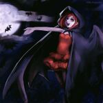  1girl alternate_costume bat_(animal) black_cape black_hood blood breasts brown_pantyhose cape danganronpa_(series) danganronpa_v3:_killing_harmony dress highres hood hood_up hooded_cape looking_up moon night nika_kapustka outdoors outstretched_arm pantyhose pointy_nose red_dress red_eyes small_breasts solo vampire yumeno_himiko 