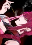  1girl ancoo_mm bangs black_background braid braided_ponytail chainsaw_man cleavage_cutout clothing_cutout earrings highres holding holding_smoking_pipe jewelry long_hair makima_(chainsaw_man) parted_lips red_hair ringed_eyes single_braid smoke smoking smoking_pipe solo tassel tassel_earrings yellow_eyes 
