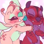  1:1 2022 4_fingers alien ambiguous_gender antennae_(anatomy) anthro biped blush countershading cute_fangs digital_drawing_(artwork) digital_media_(artwork) disney duo ears_down embrace experiment_(lilo_and_stitch) eyelashes eyes_closed face_lick fan_character female_(lore) fingerless_(marking) fingers flat_colors fur green_body green_countershading green_fur green_nose gummy-goat-galaxy gummy_(gummy-goat-galaxy) happy horn hug hugging_from_behind licking lilo_and_stitch pink_background pink_body pink_fur pivoted_ears purple_body purple_countershading purple_eyes purple_fur purple_horn purple_nose red_body red_fur signature simple_background small_tail tail teal_tongue tongue tongue_out two_tone_tail velvet_(thedaemonicangel) 
