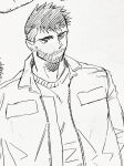  1boy alternate_costume bara beard collared_jacket dickfish_(fishismdick) facial_hair frown highres jacket john_rottweil_(dickfish) looking_to_the_side male_focus mature_male open_clothes open_jacket original scan short_hair sideburns sketch solo stubble thick_eyebrows traditional_media upper_body 