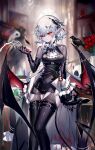  1girl artist_name bird black_bird black_dress black_gloves black_thighhighs commentary_request dress feet_out_of_frame gloves highres holding horns indoors original parted_lips pointy_ears red_eyes sheya short_hair signature solo thighhighs vial white_hair 