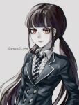  1girl absurdres artist_name bangs black_jacket black_necktie blunt_bangs breasts brown_hair buttons closed_mouth collared_shirt danganronpa_(series) danganronpa_v3:_killing_harmony double-breasted harukawa_maki highres jacket long_hair long_sleeves looking_at_viewer low_twintails medium_breasts mole mole_under_eye necktie nika_kapustka official_alternate_costume red_eyes shirt simple_background solo striped_necktie twintails white_background white_necktie white_shirt 