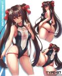  1girl ass breasts brown_hair competition_swimsuit covered_navel girls&#039;_frontline girls&#039;_frontline_neural_cloud hair_between_eyes hair_ornament hairclip highleg highleg_swimsuit highres jiangyu_(girls&#039;_frontline_nc) long_hair medium_breasts multiple_views one-piece_swimsuit red_eyes see-through_swimsuit smile swimsuit twintails type_97_(girls&#039;_frontline) v very_long_hair xlscaler 