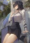  1girl absurdres against_railing arm_support bag black_hair blush character_request copyright_request drinking from_below highres hime_cut horns hxxg legs_together looking_at_viewer necktie outdoors pleated_skirt railing skirt solo tree wind yellow_eyes 