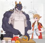  abs anthro apron apron_only areola big_muscles big_pecs blue_body blue_eyes blue_scales blush bodily_fluids bowl clothed clothing container countershade_face countershade_torso countershading disiwjd dragon duo food fruit glistening glistening_body glistening_skin grey_body grey_scales hi_res holding_bowl holding_container holding_object horn human knife male mammal milk_carton mostly_nude muscular muscular_anthro muscular_male nintendo nintendo_ds nintendo_ds_family nipples pecs pepper_(fruit) plant scales scalie serratus solo teeth vein veiny_muscles wingless_dragon 