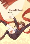  ! 1girl ^_^ black_sailor_collar black_serafuku black_skirt black_socks blurry brown_footwear brown_hair closed_eyes commentary dated english_text enpera facing_up falling floating_scarf foot_out_of_frame fringe_trim full_body hair_ornament hairclip happy happy_birthday highres kagerou_project kneehighs light_brown_background loafers long_hair long_scarf long_sleeves mekakucity_actors mokemoke_chan neckerchief open_mouth outstretched_arms pleated_skirt red_scarf sailor_collar scarf school_uniform serafuku shoes sidelocks skirt sleeve_cuffs socks solo tateyama_ayano white_neckerchief 