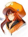  1girl anchor_symbol bangs brown_eyes brown_hair cabbie_hat collarbone cropped_torso guilty_gear hat hood hoodie long_hair long_sleeves looking_at_viewer may_(guilty_gear) orange_hoodie pout simple_background sketch skull_and_crossbones solo suvin_(mononochi) upper_body white_background 