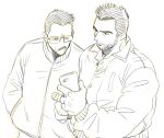  2boys alternate_costume bara beard billy_russell_(dickfish) character_request collared_jacket dickfish_(fishismdick) facial_hair from_above frown glasses hand_in_pocket highres holding holding_phone male_focus mature_male multiple_boys mustache original phone scan short_hair sideburns sketch thick_eyebrows traditional_media upper_body 