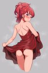  1girl ass back blush character_request copyright_request dress grey_background highres lifted_by_self looking_at_viewer looking_back panties purple_eyes red_dress red_hair red_panties simple_background smile solo standing underwear yoban 