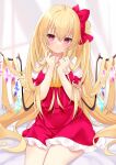  1girl alternate_hair_length alternate_hairstyle blonde_hair bow flandre_scarlet hair_between_eyes long_hair no_headwear one_side_up pink_eyes puffy_sleeves red_bow short_sleeves sitting solo tosakaoil touhou very_long_hair wings 