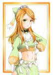  1girl absurdres bow commentary_request crop_top etie_(fire_emblem) fire_emblem fire_emblem_engage green_bow green_eyes green_shirt green_skirt green_tapir hair_bow highres long_hair long_sleeves looking_at_viewer midriff navel orange_hair shirt skirt solo stomach tiara white_background 