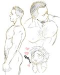  2boys abs ass bara beard character_request chest_hair chibi chibi_inset completely_nude dickfish_(fishismdick) facial_hair frown hand_on_own_face heart highres large_pectorals male_focus mature_male multiple_boys multiple_views muscular muscular_male navel navel_hair nipples nude original pectorals reference_sheet scan short_hair sideburns sketch spot_color stomach stubble toned toned_male traditional_media yaoi 