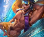  1boy abs absurdres armpit_hair armpits artist_name bandaid bandaid_on_face bandaid_on_nose bara bich_hoan black_hair closed_eyes cloud day erection facial_hair flip-flops goggles goggles_on_head highres jarvan_iv_(league_of_legends) jewelry large_pectorals league_of_legends lying male_focus male_pubic_hair male_swimwear male_swimwear_pull muscular muscular_male navel necklace nipples official_alternate_costume on_back outdoors pectorals penis pool_party_jarvan_iv pubic_hair purple_vest sandals short_hair sky solo vest water yellow_male_swimwear 