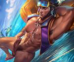  1boy abs absurdres armpit_hair armpits artist_name bandaid bandaid_on_face bandaid_on_nose bara bich_hoan black_hair bottomless closed_eyes cloud cum day ejaculation erection facial_hair flip-flops goggles goggles_on_head highres jarvan_iv_(league_of_legends) jewelry large_pectorals league_of_legends lying male_focus male_pubic_hair male_swimwear_pull muscular muscular_male navel necklace nipples nude official_alternate_costume on_back outdoors pectorals penis pool_party_jarvan_iv pubic_hair purple_vest sandals short_hair sky solo thighs vest water 