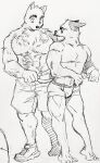  2boys animal_ears bara billy_russell_(dickfish) briefs clothes_pull couple dickfish_(fishismdick) dog_boy dog_ears facial_hair frown furrification furry furry_male glasses highres john_rottweil_(dickfish) large_pectorals male_focus male_underwear male_underwear_peek mature_male multiple_boys muscular muscular_male mustache nipples original pectorals pulled_by_self raised_eyebrows scan shoes short_hair shorts shorts_pull sideburns sketch sneakers standing stomach thick_eyebrows topless_male traditional_media underwear underwear_only undressing yaoi 