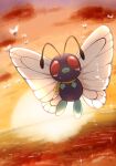  absurdres butterfree cloud commentary_request crying fangs highres no_humans outdoors pokemon pokemon_(anime) pokemon_(classic_anime) pokemon_(creature) red_eyes scarf sky solo sun sunset tears tkc_(user_snjd8547) twilight yellow_scarf 