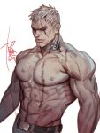  1boy bara bare_pectorals belt bryan_fury grey_eyes grey_hair highres looking_at_viewer male_focus navel nipples pectorals scar scar_on_chest scar_on_face short_hair signature simple_background solo stomach tattoo tekken topless_male upper_body v-shaped_eyebrows white_background yi_lee 