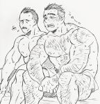  &gt;_&lt; 2boys arm_hair bara billy_russell_(dickfish) blank_stare blush chest_hair couple dickfish_(fishismdick) facial_hair feet_out_of_frame glasses hairy highres john_rottweil_(dickfish) large_pectorals leg_hair male_focus mature_male multiple_boys muscular muscular_male mustache navel_hair nipples original pectorals sauna scan short_hair sideburns sitting sketch sweat thick_eyebrows thighs topless_male towel_around_waist traditional_media undercut yaoi 