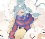  1boy altaria blue_mittens blue_scarf blush cetoddle closed_mouth commentary_request green_eyes green_hair grusha_(pokemon) jacket looking_down male_focus on_head poke_ball_print pokemon pokemon_(creature) pokemon_(game) pokemon_on_head pokemon_sv scarf serirari sleeping striped striped_scarf swablu twitter_username watermark yellow_jacket zzz 