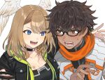  1boy 1girl bangs black_bodysuit black_choker blue_eyes blush bodysuit breast_tattoo breasts brown_hair choker cleavage coffee dark-skinned_male dark_skin eunie_(xenoblade) glasses head_wings highres jacket kinagi_(3307377) large_breasts long_hair medium_hair open_clothes orange_scarf scarf smile taion_(xenoblade) tattoo white_wings wings xenoblade_chronicles_(series) xenoblade_chronicles_3 