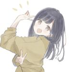  1girl :d arm_up bangs black_hair blush brown_eyes brown_shirt double_v long_hair long_sleeves looking_at_viewer notice_lines original puffy_long_sleeves puffy_sleeves shano-pirika shirt simple_background smile solo upper_body v white_background 