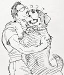  1boy affectionate animal_hug bara billy_russell_(dickfish) casual contemporary cowboy_shot dickfish_(fishismdick) dog facial_hair from_side glasses heart highres male_focus mature_male muscular muscular_male mustache original scan shirt short_hair sketch solo tail tail_wagging traditional_media 