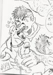  1boy affectionate animal arm_hair bara blush casual collage contemporary cropped dickfish_(fishismdick) dog heart highres holding holding_animal john_rottweil_(dickfish) male_focus muscular muscular_male original scan shirt short_hair sideburns sketch thick_eyebrows tongue tongue_out traditional_media 