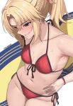  1girl absurdres armpits bikini blonde_hair braid breasts edmun fate/grand_order fate_(series) french_braid front-tie_bikini_top front-tie_top green_eyes highres holding holding_surfboard long_hair mordred_(fate) mordred_(swimsuit_rider)_(fate) navel parted_lips ponytail red_bikini side-tie_bikini_bottom small_breasts smile solo surfboard sweat swimsuit twitter_username white_background 