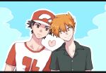  2boys bangs black_hair blue_oak brown_eyes buttons closed_mouth collared_shirt commentary_request frown hair_between_eyes hat heart leaning_to_the_side letterboxed male_focus multiple_boys nyoripoke outline pokemon pokemon_(game) pokemon_sm red_(pokemon) red_headwear shirt short_hair short_sleeves upper_body white_shirt yaoi 