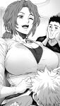  1girl 2boys bleach breasts cleavage collarbone daraz family father_and_child father_and_son greyscale highres kurosaki_ichigo kurosaki_isshin kurosaki_masaki large_breasts monochrome mother_and_child mother_and_son multiple_boys one_eye_closed open_mouth plunging_neckline ponytail 