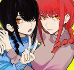  2girls black_hair braid braided_ponytail chainsaw_man eyelashes hair_over_one_eye hug looking_at_viewer makima_(chainsaw_man) multiple_girls nayuta_(chainsaw_man) open_mouth orange_eyes red_hair ringed_eyes sailen0 simple_background smile sweater time_paradox upper_body v yellow_background 