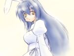  1girl animal_ears avatar_(mabinogi) bangs blue_hair breasts corset dress fake_animal_ears hair_between_eyes juliet_sleeves long_hair long_sleeves mabinogi medium_breasts puffy_sleeves rabbit_ears ribbon shinjou_satomi solo white_dress white_ribbon yellow_eyes 