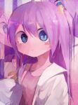  1girl :t abstract_background ahoge blue_eyes blush_stickers camisole cookie eating food hair_ornament hair_scrunchie labcoat long_hair looking_at_viewer okusuri_nonde_neyou_(vocaloid) pink_camisole pinosan purple_hair scrunchie sleeves_past_wrists solo tearing_up two_side_up upper_body 