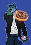  absurd_res anthro blue_background blue_body blue_fur canid canine canis circle_eyebrows clothed clothing dessert digital_drawing_(artwork) digital_media_(artwork) doughnut eyebrows food fur green_body green_fur hi_res looking_at_viewer male mammal meme simple_background sinser sinser_(character) solo standing teeth_showing throwing throwing_food throwing_object wolf 