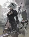  1girl absurdres black_blindfold black_dress black_hairband black_thighhighs blindfold breasts cleavage_cutout clothing_cutout dress feather-trimmed_sleeves hairband highres juliet_sleeves leather long_sleeves mayo_9_5 medium_breasts multiple_weapons nier_(series) nier_automata pod_(nier_automata) puffy_sleeves robot short_hair sword thighhighs thighs weapon white_hair wind yorha_no._2_type_b 