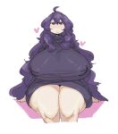  1girl ahoge bangs breasts curvy dress gigantic_breasts hex_maniac_(pokemon) highres leebo_(leeboxxx) long_hair looking_at_viewer plump pokemon pokemon_(game) pokemon_xy purple_dress purple_hair simple_background solo white_background 