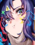  1boy 1girl bandaid bandaid_on_face blue_archive blue_hair blush close-up hair_between_eyes hair_ornament hairpin hand_on_another&#039;s_cheek hand_on_another&#039;s_face highres looking_at_viewer multicolored_eyes pout purple_eyes purple_hair sstthei sticker sticker_on_face symbol-shaped_pupils yuuka_(blue_archive) 