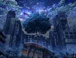  1girl aldin_nicola billboard broken_glass brown_hair bug building butterfly city cloud cloudy_sky fox_tail glass ground_vehicle highres open_mouth outstretched_hand ruins scenery seventh_happiness shijohane sky skyscraper solo star_(sky) starry_sky tail train tree 