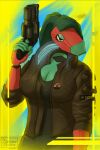  abstract_background anthro badge clothed clothing cyberpunk cyberpunk_2077 cyberpunk_clothes digital_drawing_(artwork) digital_media_(artwork) female generation_1_pokemon gun hair half_body hi_res long_hair looking_away nintendo pokemon pokemon_(species) porygon ranged_weapon science_fiction simple_background sinser solo standing weapon yellow_background 