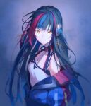  1girl bare_shoulders blue_background blue_hair collar harusaruhi highres jacket kamitsubaki_studio multicolored_hair open_clothes open_jacket partially_unzipped red_hair serious shijohane simple_background two-tone_hair upper_body yellow_eyes 