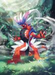  2023 4_fingers ambiguous_gender ancient_pokemon anthro apex_build_koraidon arms_out black_body black_pawpads blue_body blue_feathers claws digital_drawing_(artwork) digital_media_(artwork) feathers fingers flower generation_9_pokemon grass hi_res koraidon legendary_pokemon membrane_(anatomy) motion_lines nintendo official_art open_mouth orange_eyes outside paradox_pokemon pawpads pink_body pink_feathers plant pokemon pokemon_(species) pose red_body red_feathers solo tongue tongue_out tree unknown_artist webbed_feet webbed_hands white_body white_feathers wind yellow_sclera 